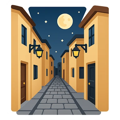 Create a narrow alleyway scene with simple building designs at nighttime in emoji style. Remove any frame or border shape so only the alleyway and buildings remain. The style should reflect the emoji look but use the general editor as emoji style does not support editing directly. sticker