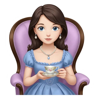 Hyper-realistic Blue-eyed brunette, wearing a Victorian style dress. She has a simple pearl necklace. Her dress is the palest lilac.  She is sitting gracefully in a chair, holding a teacup and saucer sticker