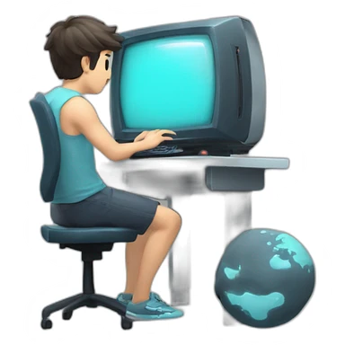 game player playing with his computer, the monitor has the Uranus logo and the inscription Uranus sticker