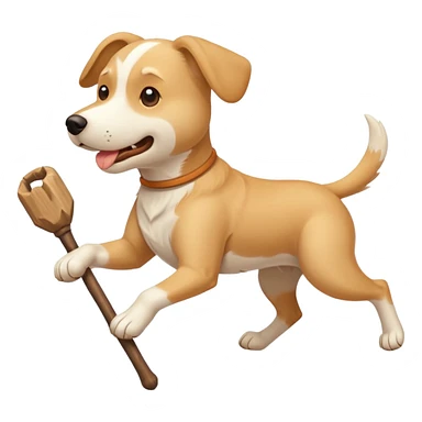 White and tan dog running with big stick in mouth sticker