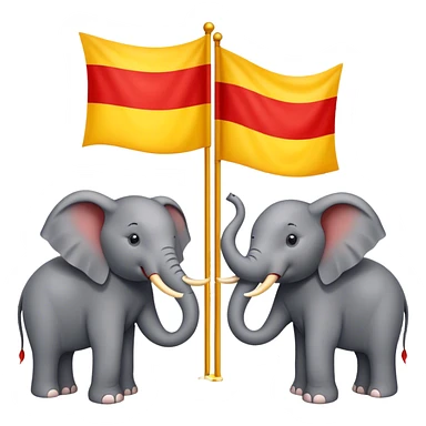 A flag with three even parts first part in red colour and second part in yellow colour and third part with red colour and two elephants in the centre part of the flag and a round shaped figure sticker