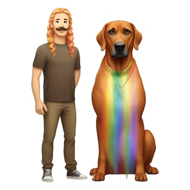 white male with long rainbow colored hair and curled mustache standing alongside a brown rhodesian ridgeback dog sticker