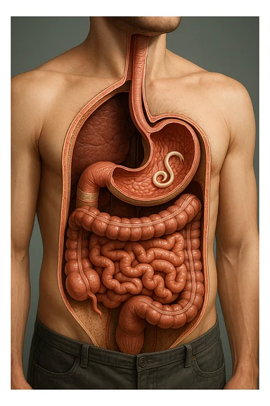 a 3D cutaway view of the human digestive tract, showing an Anisakis larva attached to the stomach or intestinal wall. in a man sticker