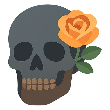 A dark, grey skull with sharp, angular features and a mysterious, haunting aura, featuring a rose delicately placed in one of its hollow eye sockets. The skull is in shades of grey, accented with soft tones of golden orange (FA9B41), forest green (4A7C5C), muted taupe brown (96775A), and pastel peach (FFCC9A). The rose, vibrant in its peach and orange hues, contrasts with the cold, eerie grey of the skull, its petals unfurling gently around the eye socket. The background is dim and shadowy, with a faint, mystical glow illuminating the skull and rose, adding to the gothic and slightly surreal atmosphere. The scene feels both haunting and beautiful, with a touch of elegance. sticker