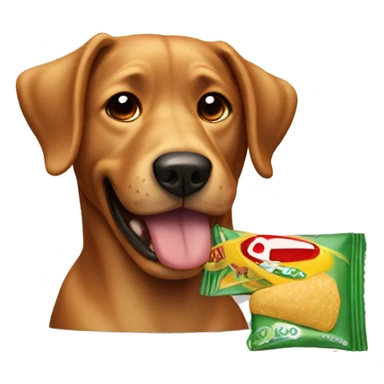 dog chewing empty crisp packet sticker