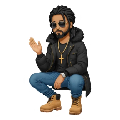 African American man with shoulder length black dreadlocks with black beard wearing black sunglasses wearing a black bubble winter coat wearing denim skinny jeans wearing wheattimberland boots kneeling in prayer sticker
