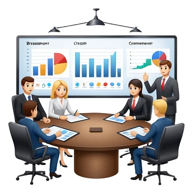 boardroom meeting with people presenting charts on a large table sticker