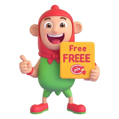 playful happy character sneaking food or holding a sign that says 'free' with a mischievous or cheeky expression sticker