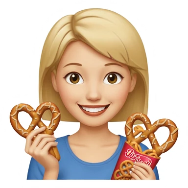 Short, Straight, Dirty blond hair, fair skin, woman winking holding pretzels sticker
