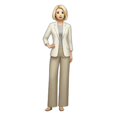 Full height Actively gesturing with hands pale skin woman with ash blonde Straightened bob Hair, White Spacious classical jacket, beige palazzo Arrow pants and gray blouse sticker