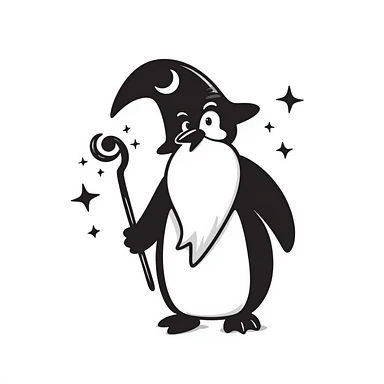 a penguin wizard with a long white beard, pointed hat, and magical staff sticker
