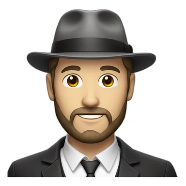 White skinned man with a tiny black beard and small black fedora sticker