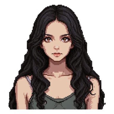 strong girl with brown eyes, flesh-colored skin, long slightly wavy black hair sticker