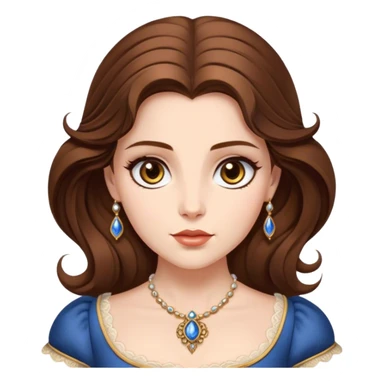 Cinematic Realistic Belle Portrait, depicted with lifelike skin texture, soft natural lighting, and intricately detailed brown hair styled elegantly. Her deep, expressive eyes exude warmth and intelligence, complemented by a serene and graceful expression. She is dressed in her classic attire, with rich fabric textures and delicate folds that catch the light beautifully. The portrait features a soft, enchanting glow with a natural, radiant finish, capturing the essence of timeless beauty in a realistic and painterly style, evoking a sense of depth and authenticity. sticker