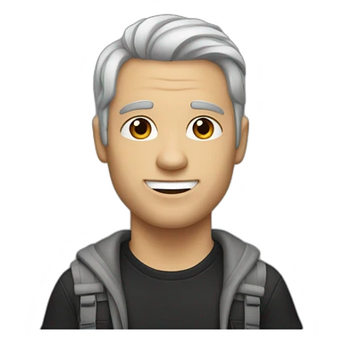 a shaved white man, with long dark brown hair, with a black t-shirt sticker