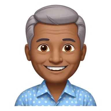 50 yr old indian man, dark skin, grey hair, big smile, white teeth, chubby, no moustache, clean shaven, young style hair, hair brushed back, 5 oclock shadow, bindy on forehead, dress shirt, forehead dot sticker