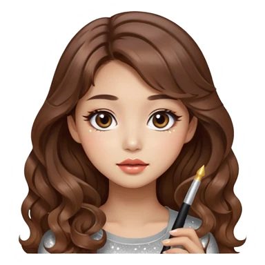 “korean brown hair Emoji girl, soft eyeliner, gradient lips, light brown shimmer eyeshadow, sparkly aegyo-sal, long wavy hair,  sticker