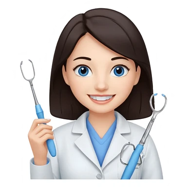 сгенерируй девушку стоматолога с профильными для нее предметами с темными волосами и голубыми глазами еще sticker