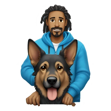 man with dreadlocks, mustache and goatee dressed in a blue hoodie alongside a brindle colored german shepherd dog sticker