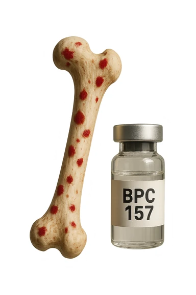 osso umano con red spot fluttua insiema a fiala medica con la scritta "BPC 157" SULL'ETICHETTA, iperrealistiche 4k sticker