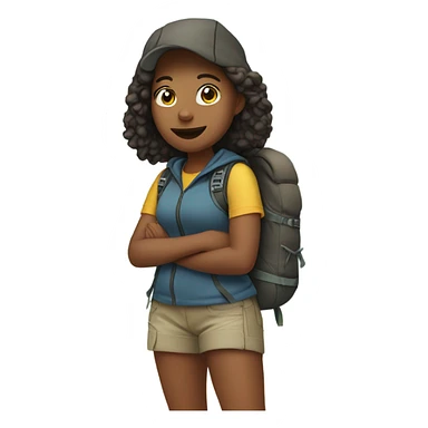 Young adult girl hiking with shorts and a hoodie and a backpack sticker