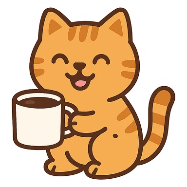 flat toon style ginger cat with a mug of coffee, cheerful sticker
