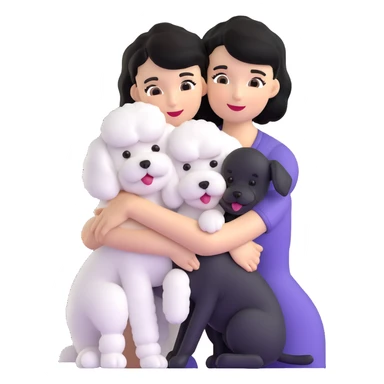 woman with short black hair hugging a brown poodle and a white bichon frise sticker