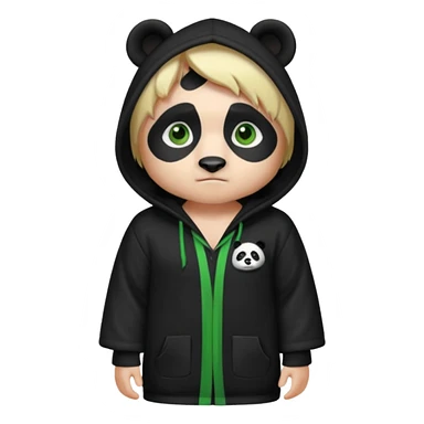 A white man with green eyes, medium-length blond hair, wearing a panda hoodie and black pajama-like robes. sticker