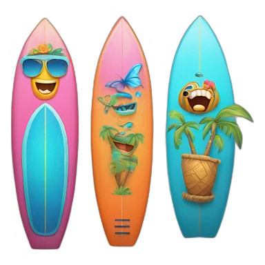 A surfboard Cartoon Blue and orange tiki smiling with butterfly and and Cartoon Blue and pink tiki singing with butterfly and mikrophone sticker
