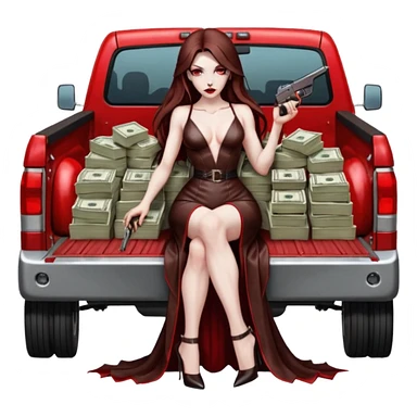 Lilith symbol red eye seductress evil long brown haired sexy succubus woman with leather long dress with slit on, sitting in Big Large F350 pickup truck. Platform long high heels on feet. Back seat full of stacks of cash, she is  Holding a man dead human skull of her enemies and a gun in other hand sticker