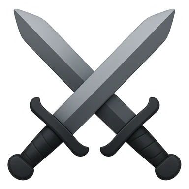 Create dual swords similar to the reference image but with black and grayish colors. The swords should be pointing upward and be wider. The style should emulate emoji style with concise details. sticker