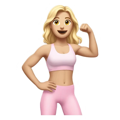 Woman, white skin, pale skin, long hair, blonde hair, wavy hair, baby pink sports bra, baby pink leggings, flexing one arm up sticker