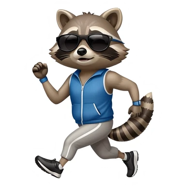 friendly anthropomorphised raccoon in sports wear, wearing dark sunglasses, jogging upright, mafia style sticker