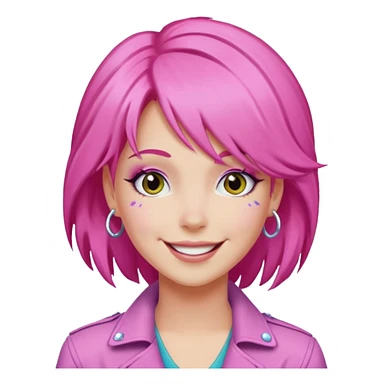 simple emoji of Jem from Jem and the Holograms, classic pink hair, smiling face sticker
