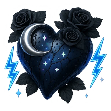 Edit the image to depict a dark blue glass gothic heart with a silver crescent, midnight roses, holographic sparkles, neon lightning bolts, drenched and cracked glass texture. The style should resemble 3D emoji style. Remove the background. sticker