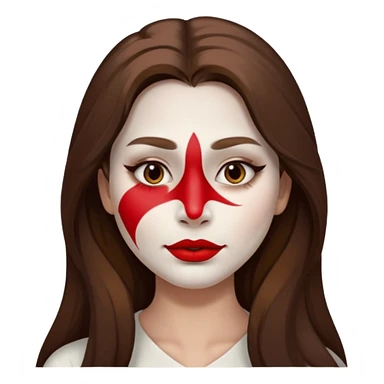 person with long brown hair, white face paint, red lipstick and a mole on right cheek sticker