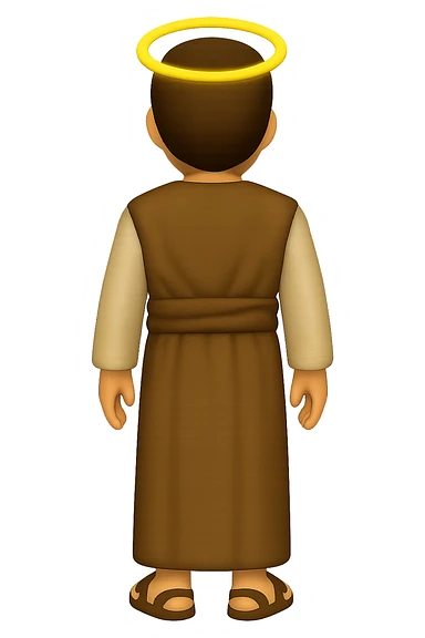 Back view, centered full body, facing away, classic emoji style of apostle Peter with short hair, no hood, arms down by sides, smiling, expressive face, halo, wearing long sleeve brown clothes with beige details, no background. The style should mimic classic emoji style. sticker