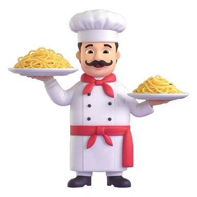 chef character with mustache holding plate of pasta, wearing chef uniform, friendly look sticker