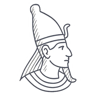 profile view of Osiris's head with pharaoh crown, hand drawn black outlined icon sticker