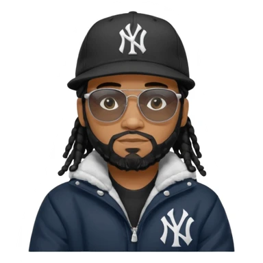 African American man with shoulder length black dreadlocks and black beard wearing black sunglasses with a New York Yankees baseball cap wearing a black bubble winter coat with arms folded sticker