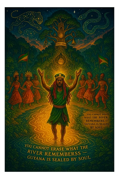 A vivid, spiritual illustration of Guyana reborn as a land of divine rhythm, ancestral return, and natural royalty. In the heart of the image flows the mighty Essequibo River, glowing with golden energy — a symbol of memory, healing, and spiritual current. Surrounding the river are lush, enchanted rainforests pulsing with hidden drums, glowing symbols, and jungle spirits made of light.

At the center, a crowned I-tal figure (part Rasta, part ancestral guardian) stands barefoot in the river, arms raised, channeling the rhythm of the land into the sky. Around them: a ring of spirit dancers echoing maroon heritage, Amerindian wisdom, and African soulfire — dressed in ceremonial garb, dancing in sync with the heartbeat of the earth.

Above, the stars form the shape of a jaguar and a giant serpent intertwined — the twin protectors of Guyana. Behind them, a mighty temple-tree rises from the jungle canopy, its branches holding sacred items: a calabash, a broken colonial chain, a conch shell, and a scroll titled “Undivided.”

Sacred text etched into the riverbank reads: “You cannot erase what the river remembers — Guyana is sealed by soul.”

The colors should reflect spiritual awakening: deep emerald, fire-gold, sunrise orange, and night-sky indigo. Mist, ancestral drums, and glowing Rasta flags should blend into the atmosphere — making this a vision of both resistance and rebirth. sticker