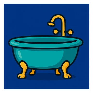 Add a solid dark blue background (#1E3A8A) behind the bathtub. Keep the cartoon style. Preserve the bathtub color as turquoise and the feet as gold. sticker