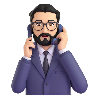businessman with medium black beard, black hair styled to one side, connected unibrow, olive skin, brown eyes, glasses, prominent nose, in formal black jacket, in the process of dialing or answering phone call, with subtle modern office environment sticker