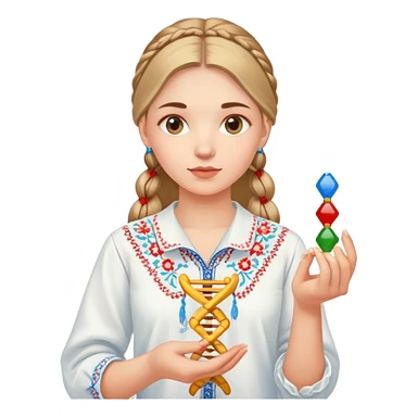 Ukrainian girl in traditional embroidered vyshyvanka shirt holding a DNA molecule in her hand sticker