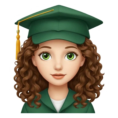 beautiful  woman with wavy-curly long brown hair and green eyes with school hat sticker