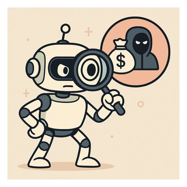 vigilant robot mascot with a magnifying glass scanning for suspicious activity symbolizing anti-money laundering and anti-terrorism efforts in a clean tech-inspired style sticker
