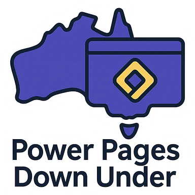 Make the icon more colorful by using #403DAD, a vibrant purple, and #fff7ad as accent colors. Keep the map of Australia with the official Microsoft Power Pages icon overlay and the text 'Power Pages Down Under' in a clean, modern font. No digital web overlay sticker
