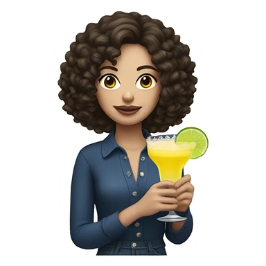 Curly hair, brunette with white skin holding a Margarita  sticker