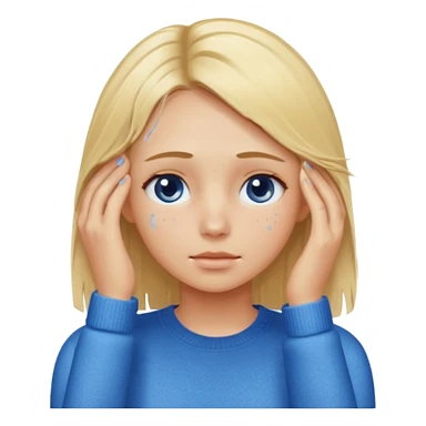 Girl massaging her head with blonde wet hair with anti-dark circles patches in her eyes dressed in a blue sweater sticker