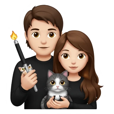 The man is wearing a black shirt and the women is wearing a black top and has longer hair. The cat is lighter  sticker